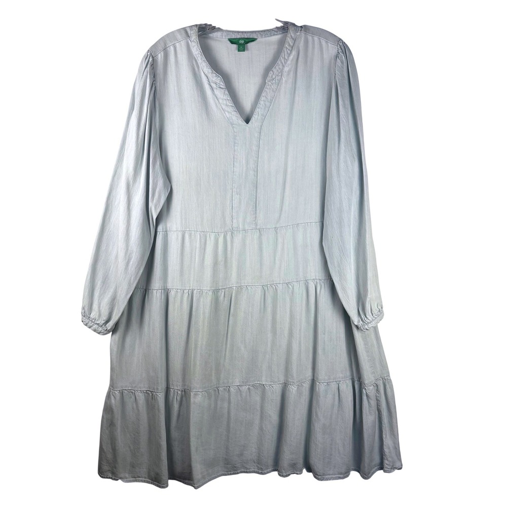 Dip Women 1X Light Blue Lyocell Linen Blend Tiered Babydoll Dress Long Sleeve
